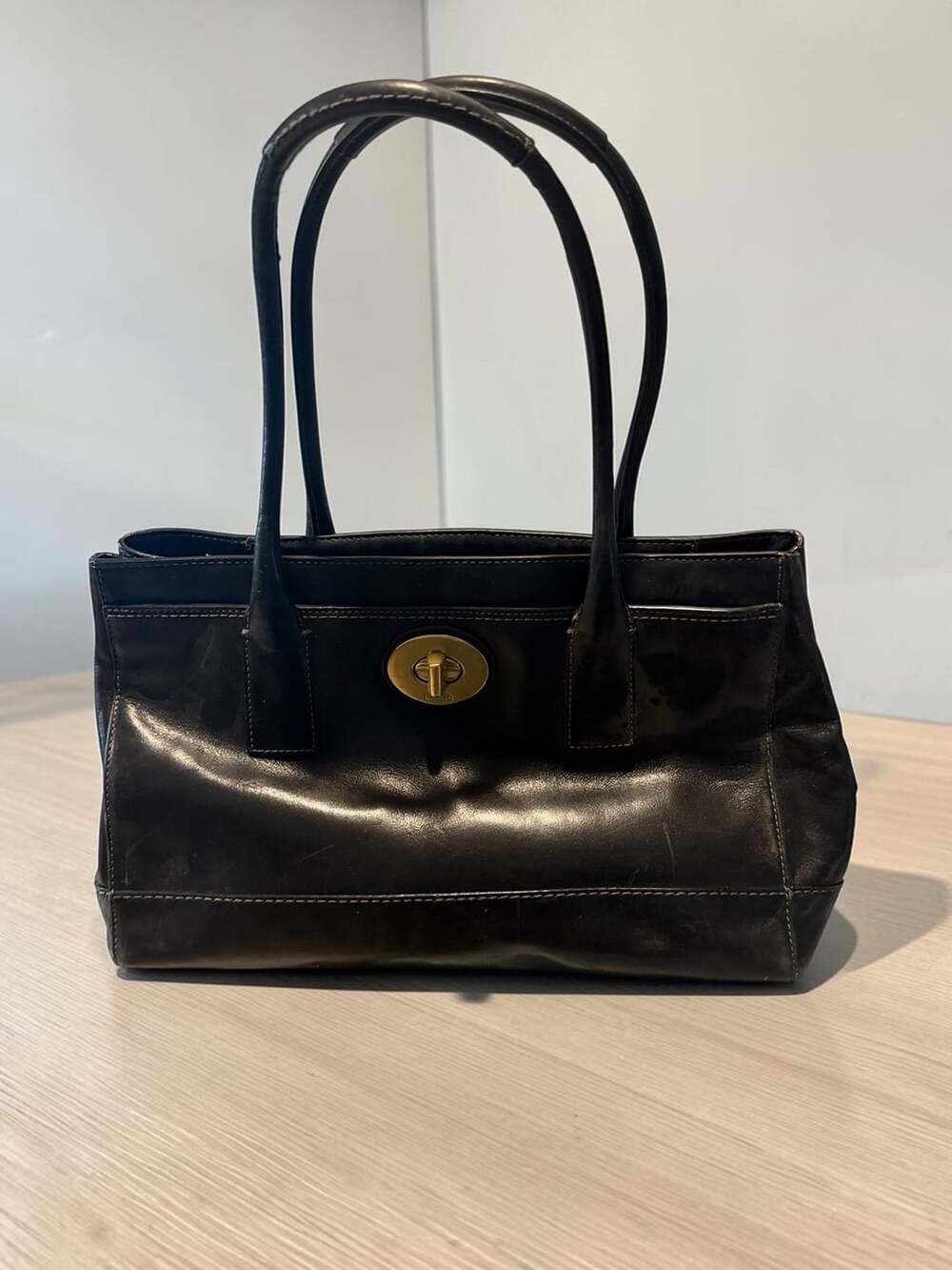 Coach Madeline Black Leather Tote Bag with Gold Turnlock Hardware